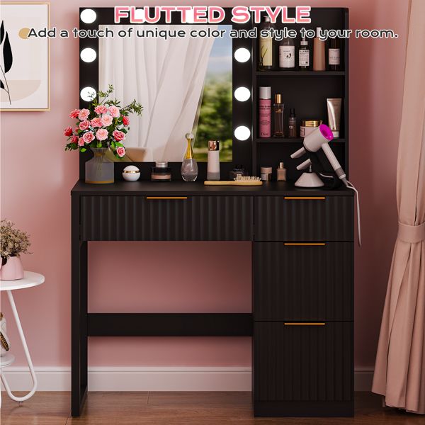 Black particleboard with a melamine finish, 4 drawers, 2 shelves, dressing table with 10 three-tone light bulbs and power strips. Grille series