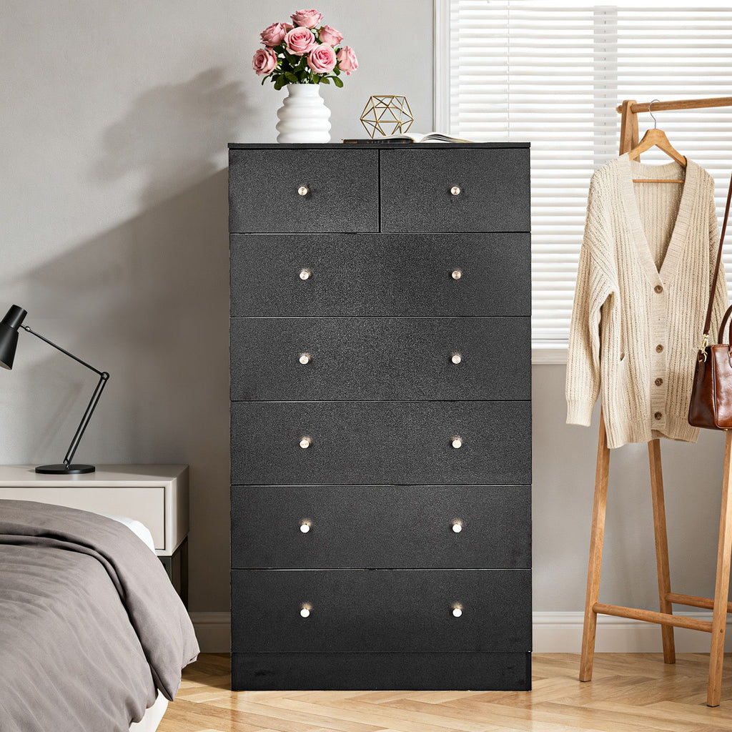 Black particleboard with a textured melamine finish, 66*40*131cm, 5+2 drawer cabinet, matte gold handles