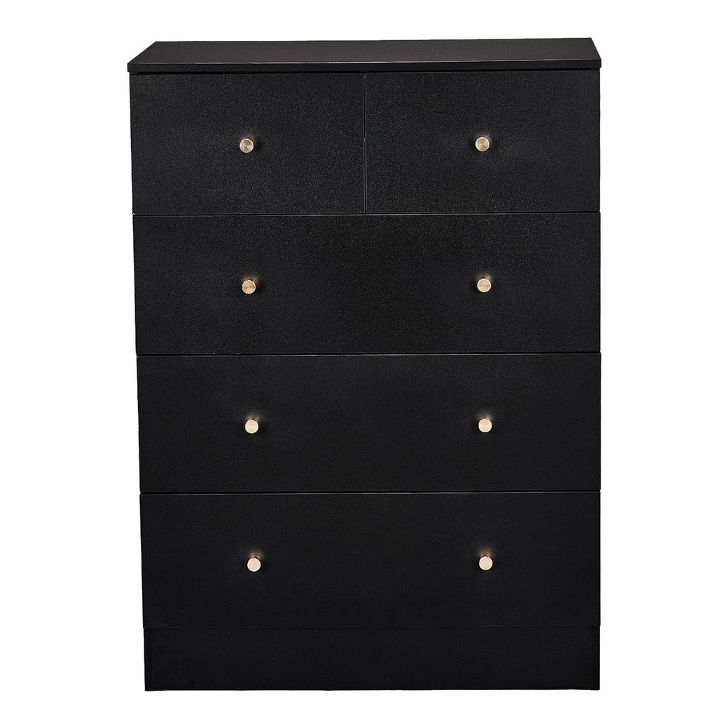 Black particleboard with a textured melamine finish, 66*40*91cm, 3+2 drawer cabinet, matte gold handles