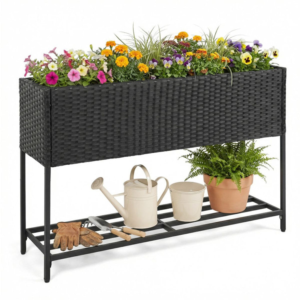 Black PE Rattan Elevated Planter with Lower Shelf, 101.630.4871.12cm Raised Garden Bed with Drainage,