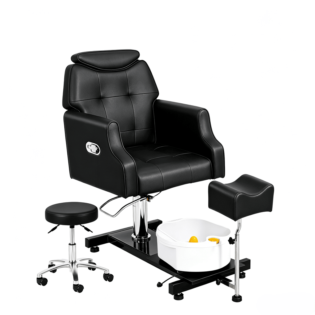 Black PVC IronFrame Pedicure Chair, Manual Reclining with Stool & Basin