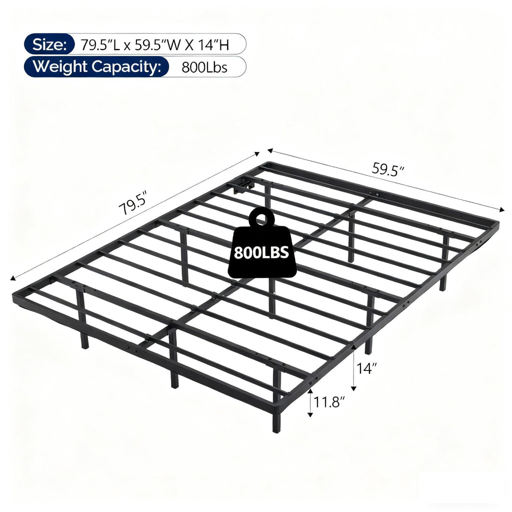 Black Queen Size Floating Platform Metal Bed Frame - 14 Inch Height, Built-in LED Strip Light & Power Outlet,