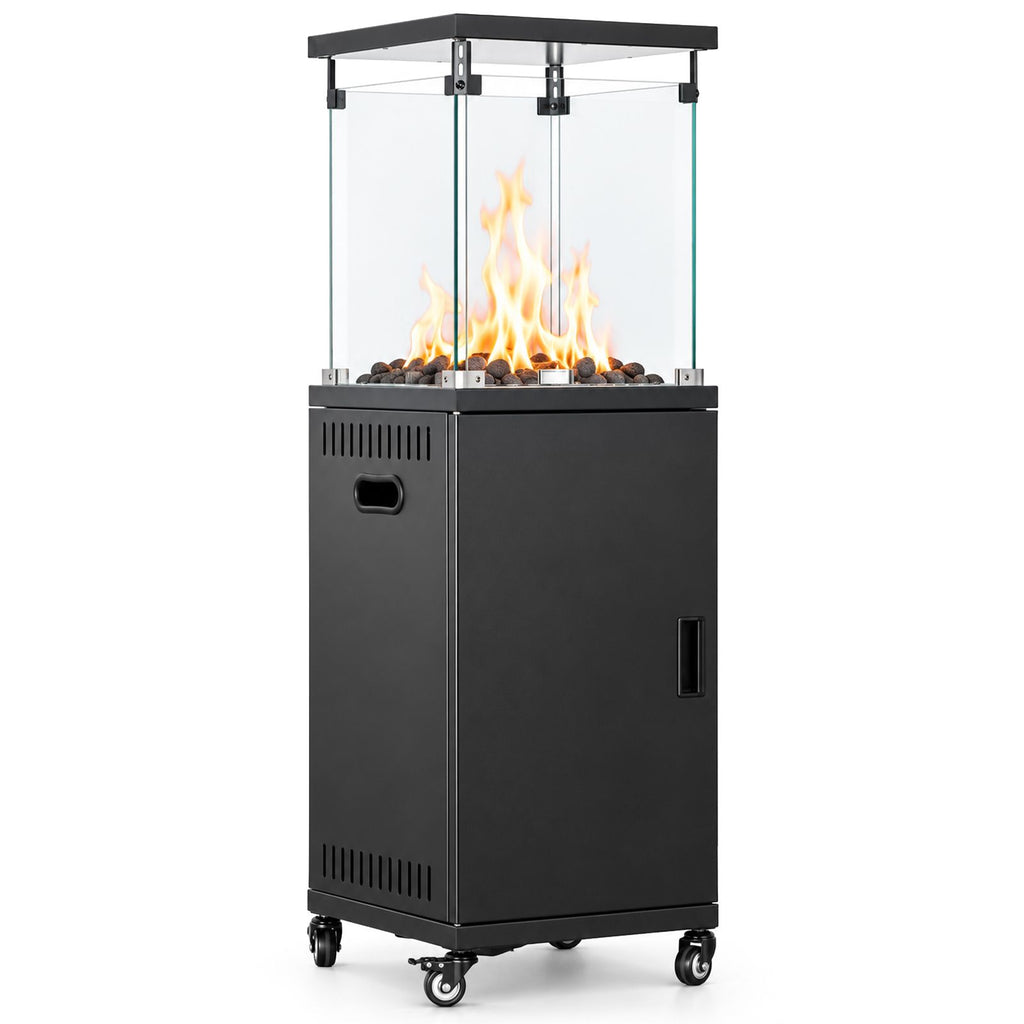 Black Rectangular Patio Heater with Glass Cover, 42 x 42 x 138 cm, Iron Construction, with Wheels and Rain Cover