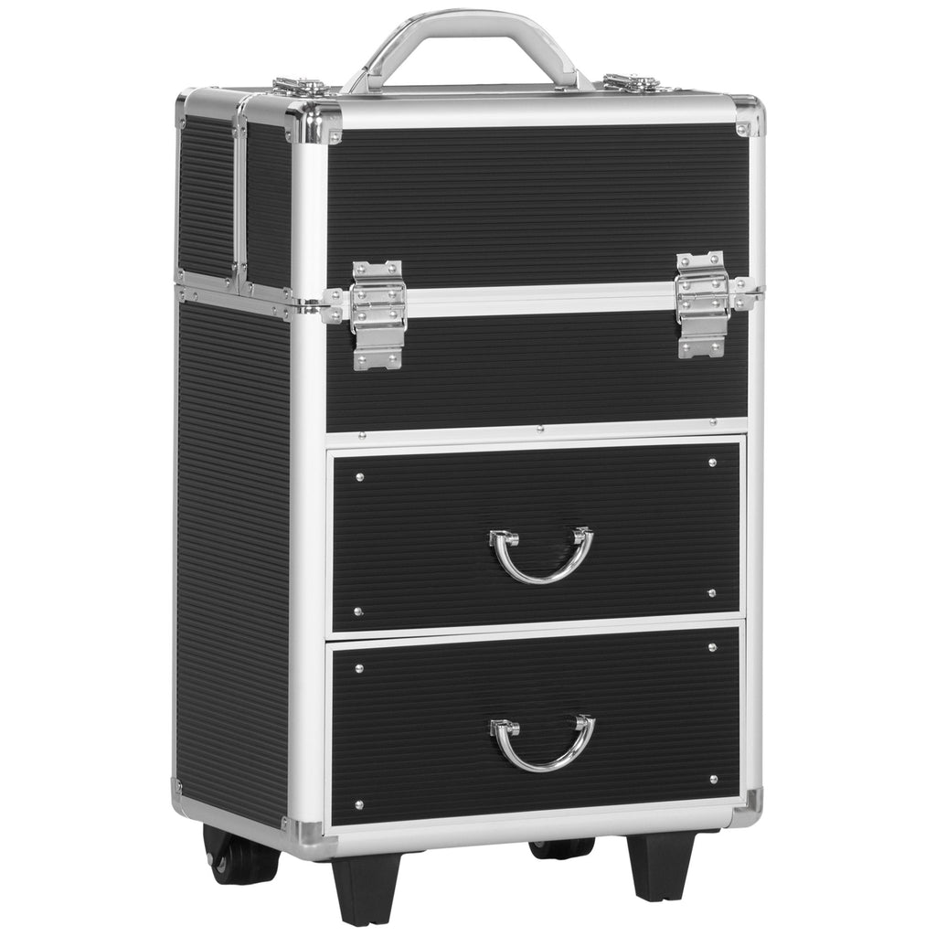 Black Rolling Makeup Train Case Large Storage Cosmetic Trolley Lockable Cart Trunk Swivel Wheels Keys