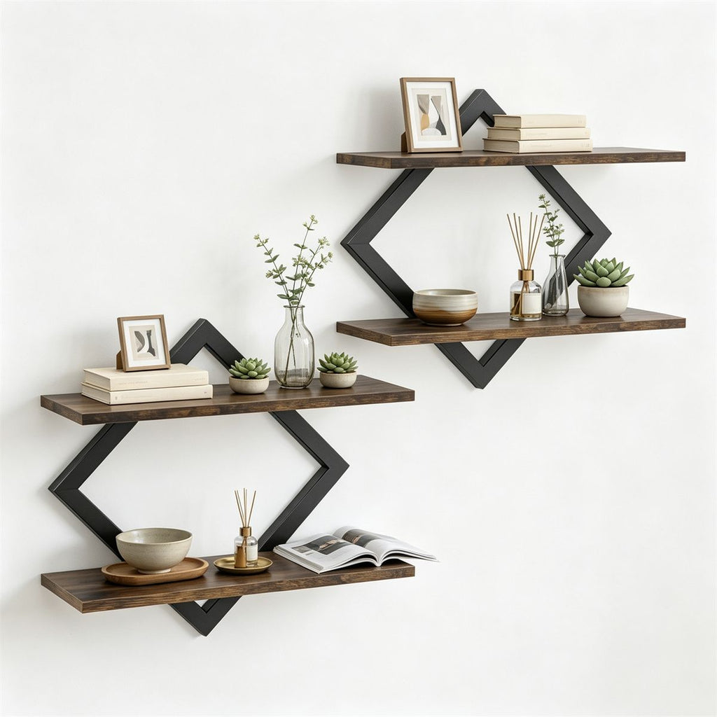 Black Rustic Brown 2Tier Floating Wall Shelves Set of 2, Diamond Metal Frame Wall Mounted Storage Shelves for Living Room Kitchen Bedroom Office Decor