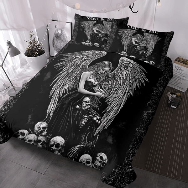 Black Skull Bedding Mysterious Angel Duvet Cover Sets Ugly demon Bed Sets Night 3 Piece Skull Themed Comforter Cover with 2 Pillowcases Twin Size(temu can only be self-picked up)