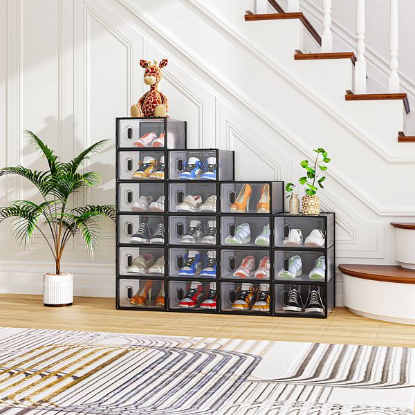 Black Small 18-Piece Shoe Storage Box Set – 33x23x14cm, Plastic Mesh & Stackable Design