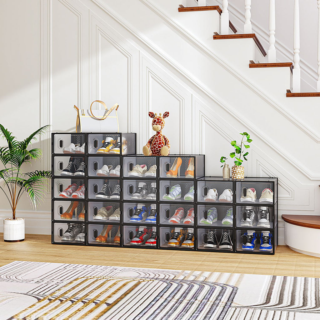 Black Small 24-Piece Shoe Storage Box Set – 33x23x14cm, Plastic Mesh & Stackable Design