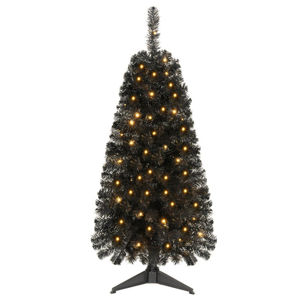 Black Small Pre Lit 4 Foot Christmas Tree with 50 Warm White LED, Flame Retardant PVC Foliage, Halloween & Christmas Home Decor