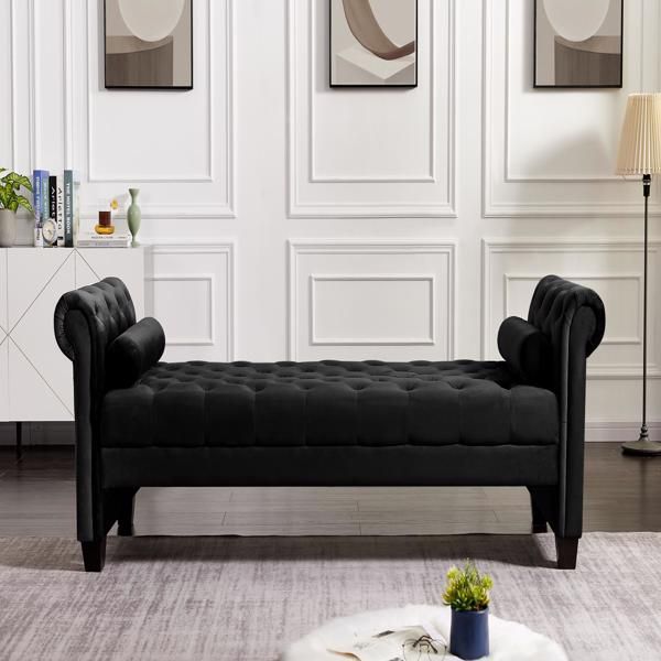 Black, Solid Wood Legs Velvet Rectangular Sofa Bench with Attached Cylindrical Pillows