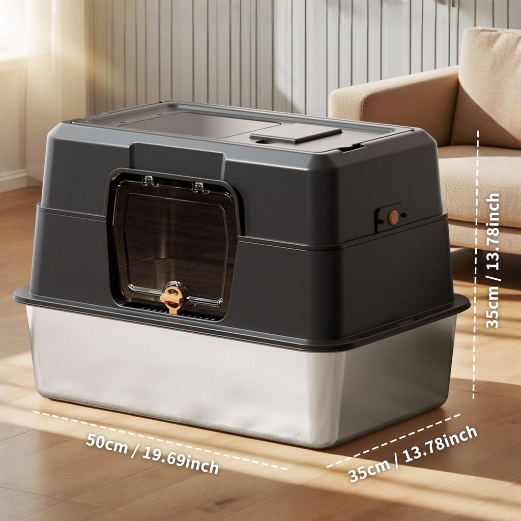 black stainless steel fully enclosed cat litter box, durable enclosed cat litter box, high side to prevent scattering