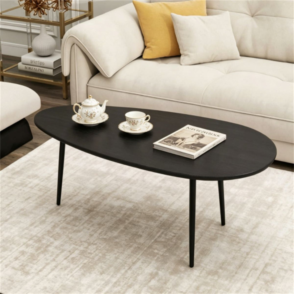 Black Stylish Irregular Shape Coffee Table, Heavy-Duty Metal Base Oval Sofa Side Table, Multifunctional Decor Center Table for Home Living Room