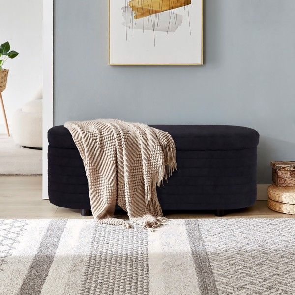 Black Teddy Velvet, Modern Upholstered Storage Bench, End Of Bed Stool, For Living Room, Entryway, Bedroom