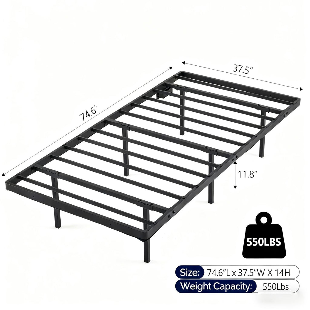 Black Twin Size Floating Platform Metal Bed Frame - 14 Inch Height, Built-in LED Strip Light & Power Outlet