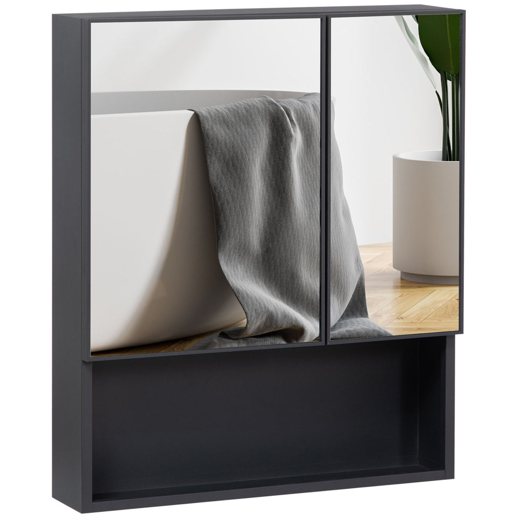 Black Wall-Mounted Medicine Cabinet Bathroom Mirror Double Doors Storage Shelves