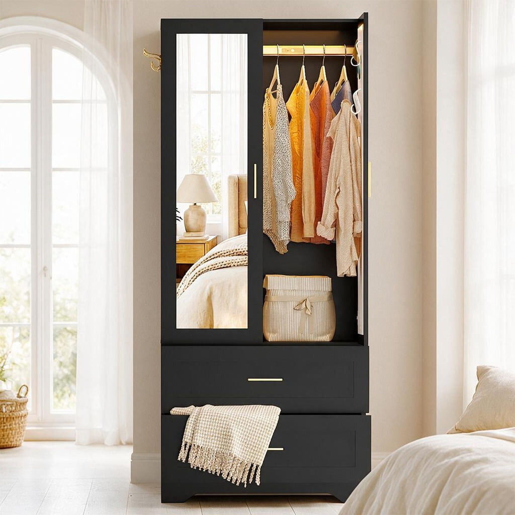 Black Wardrobe Closet with Mirror Door, 2 Doors & 2 Drawers Storage Cabinet with LED Sensor Light, Built-in Pegboard Organizer, Freestanding Bedroom Armoire, Engineered Wood