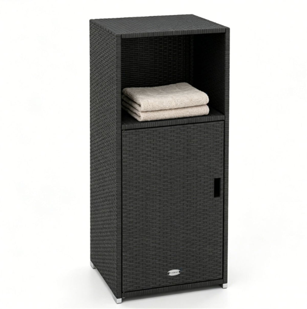 Black Wicker Garden Storage Cabinet, Dual Open & Closed Design Outdoor Tool Cushion Storage Cabinet for Backyard Porch Poolside