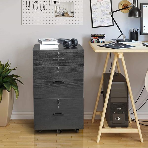 Black wood grain density board, one small drawer and two large drawers, wooden filing cabinet, suitable for Legal&Letter labeled documents