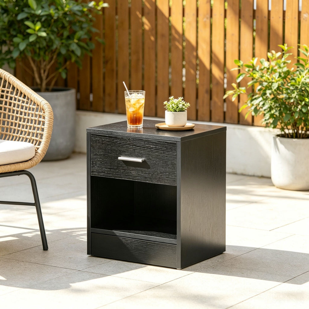 Black Wood Grain Modern Side Table with Drawer & Storage Shelf, Compact End Table for Living Room