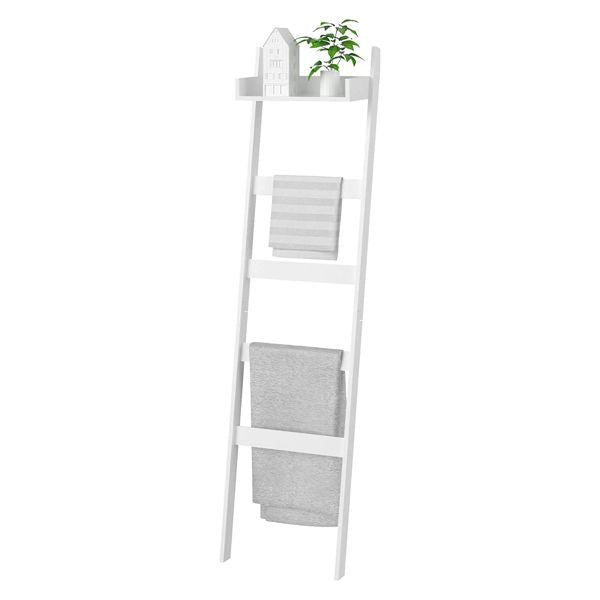 Blanket Ladder with Shelf, 5 Tier Towel Racks, Bamboo Blanket Holder, Decorative Blanket, Quilt, Towel, Scarf Ladder Shelves for Livingroom, Bedroom, Bathroom, Farmhouse (White)