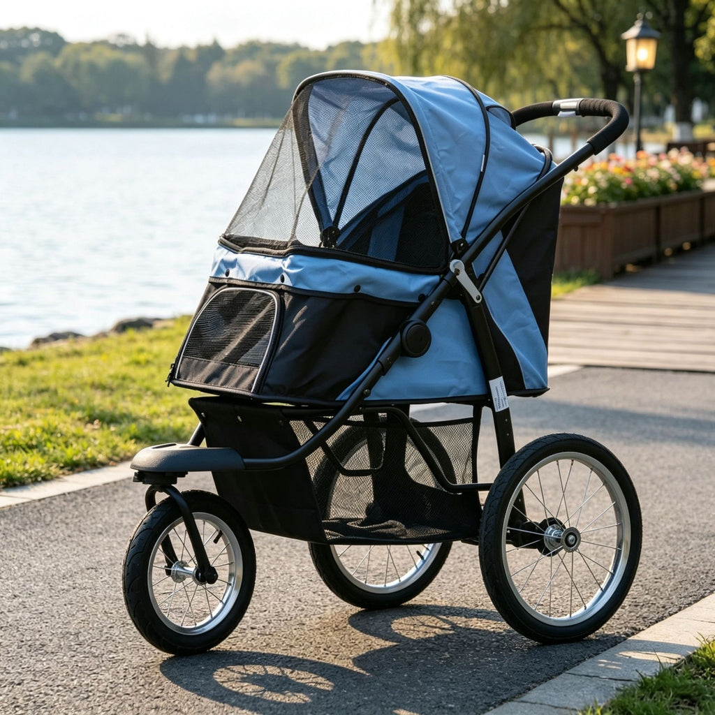 Blue 3-Wheel Pet Stroller for Small & Medium Dogs, Adjustable Canopy, Safety Tether, Storage Basket