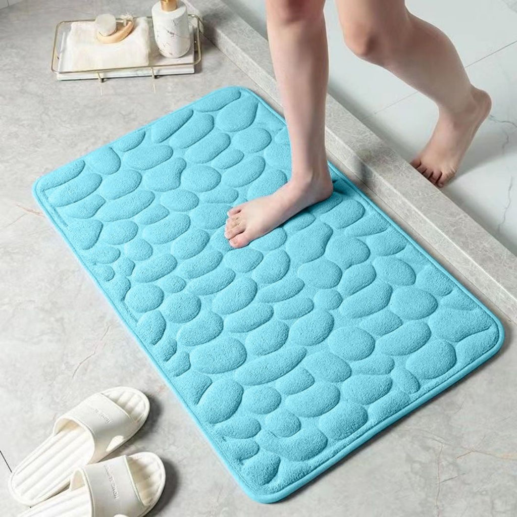 Blue 3D embossed pebble bathroom absorbent floor mat, thickened coral fleece anti slip door mat, bathroom quick drying entrance carpet