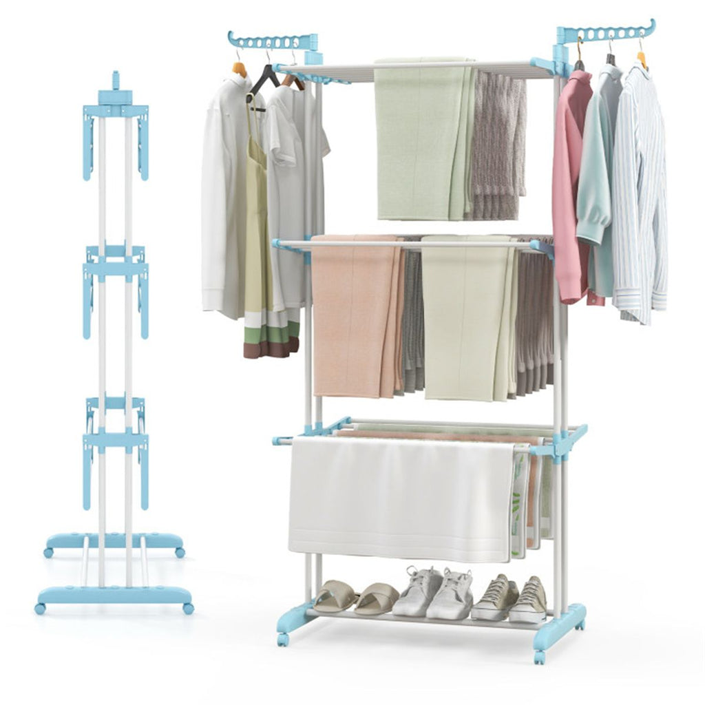 Blue 4-Tier Foldable Clothes Drying Rack with Wheels, Heavy Duty Metal Laundry Hanger Stand for Indoor Outdoor Use