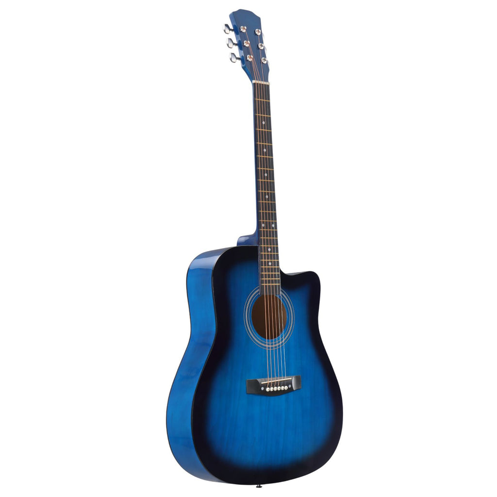 Blue 41-inch Dreadnought barrel-shaped cutaway acoustic guitar with pick, strings, capo, gig bag, tuner, wrench tool, and shoulder strap