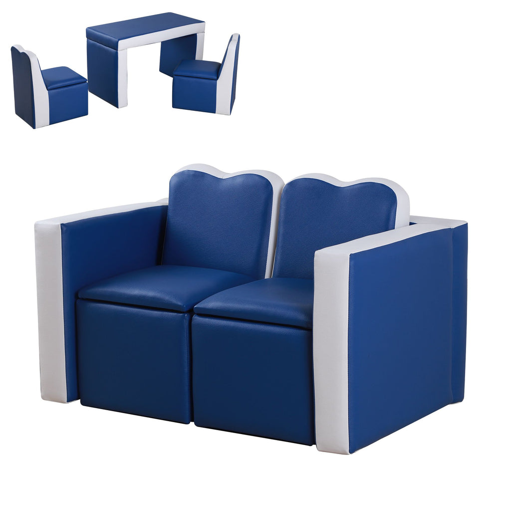 Blue Kids Sofa 2-in-1 Table Chair Set Convertible Couch with Storage Box for Playroom Soft and Sturdy