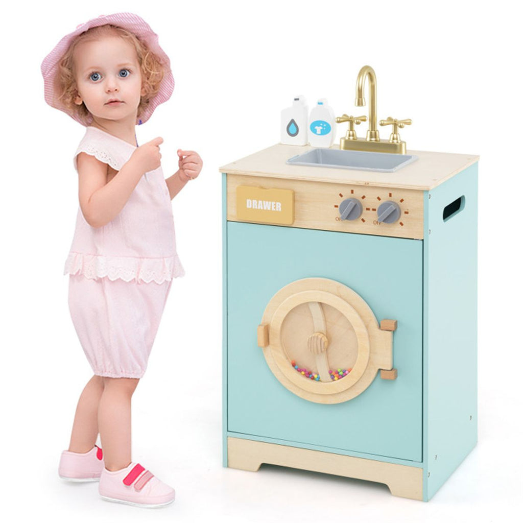 Blue Kids Wooden Toy Washing Machine Playset, Realistic Rotating Wheel & Removable Sink