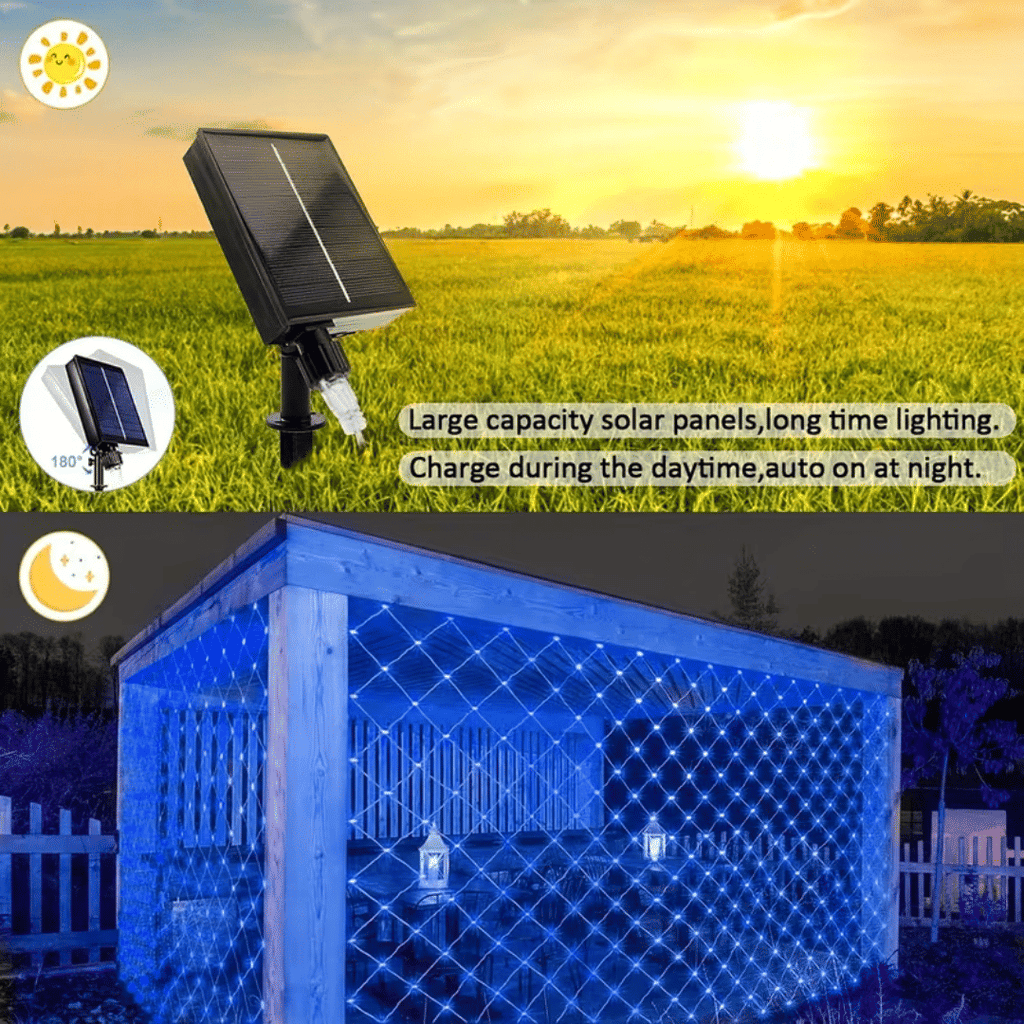 Blue outdoor solar mesh light, 6.6ft X 9.8ft fairy mesh light with 200 LEDs, 8 modes, suitable for Christmas trees, lawns, shrubs, fence walls