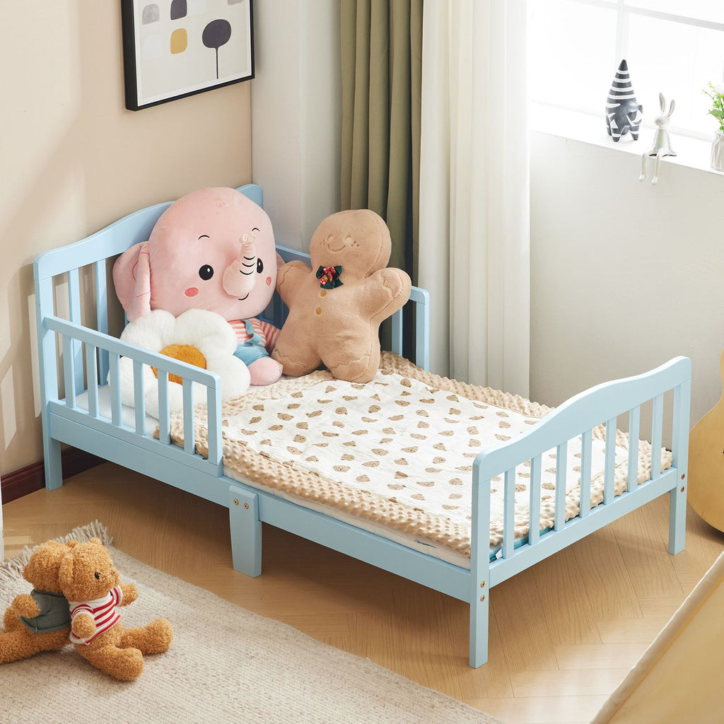 Blue painted pine wood toddler bed with side rails, 135*75*62.5cm, single layer bed for children