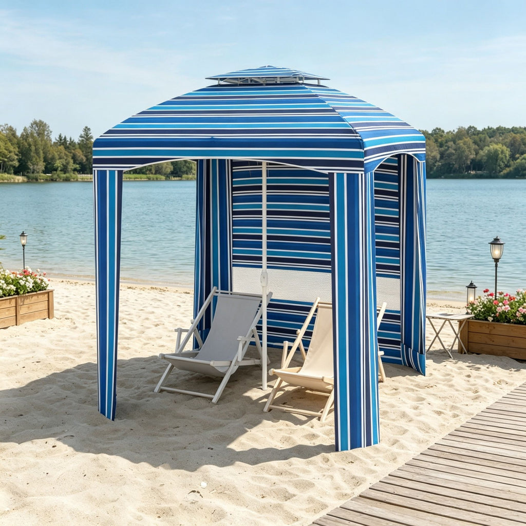 Blue Stripe 5.8ft x 5.8ft Travel Beach Umbrella with Side Walls, Air Vents, Ruffles and Carry Bag