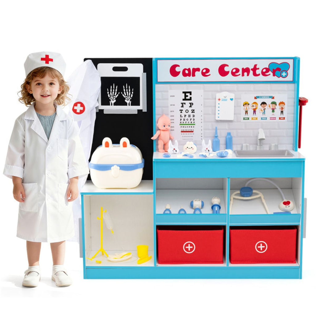 Blue Wooden Doctor Office Playset with X-ray ECG Monitor Sink Height Measurer for Toddlers 3-6