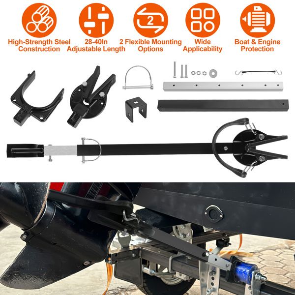 Boat Transom Saver, 28-40in Adjustable Outboard Motor Support - Heavy Duty Steel, Shock-Absorbing Rubber Strap, 2 Mounting Options (Trailer & Roller), Fits Most Under 100 HP Engines, Protects Transom
