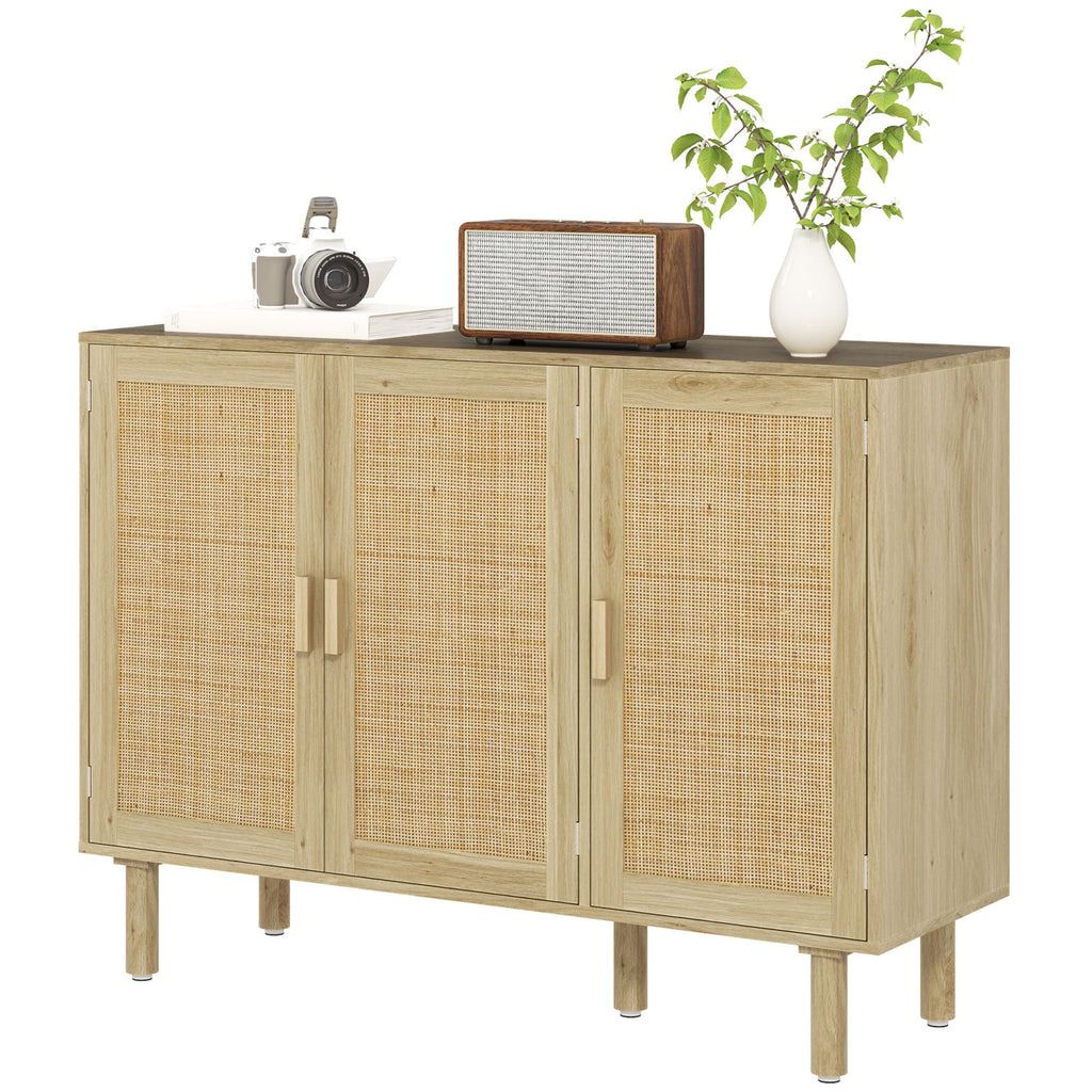 Bohemian Sideboard, 46.9" Buffet Cabinet with 3 Rattan Doors and Shelves for Living Room, Hallway, Natural