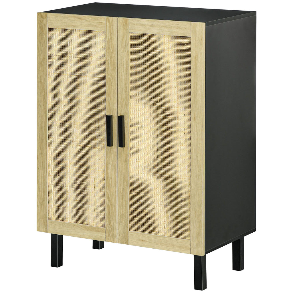 Boho Kitchen Cabinet, Buffet Cabinet with 2 Rattan Doors and Adjustable Shelves for Dining Room, Black and Natural