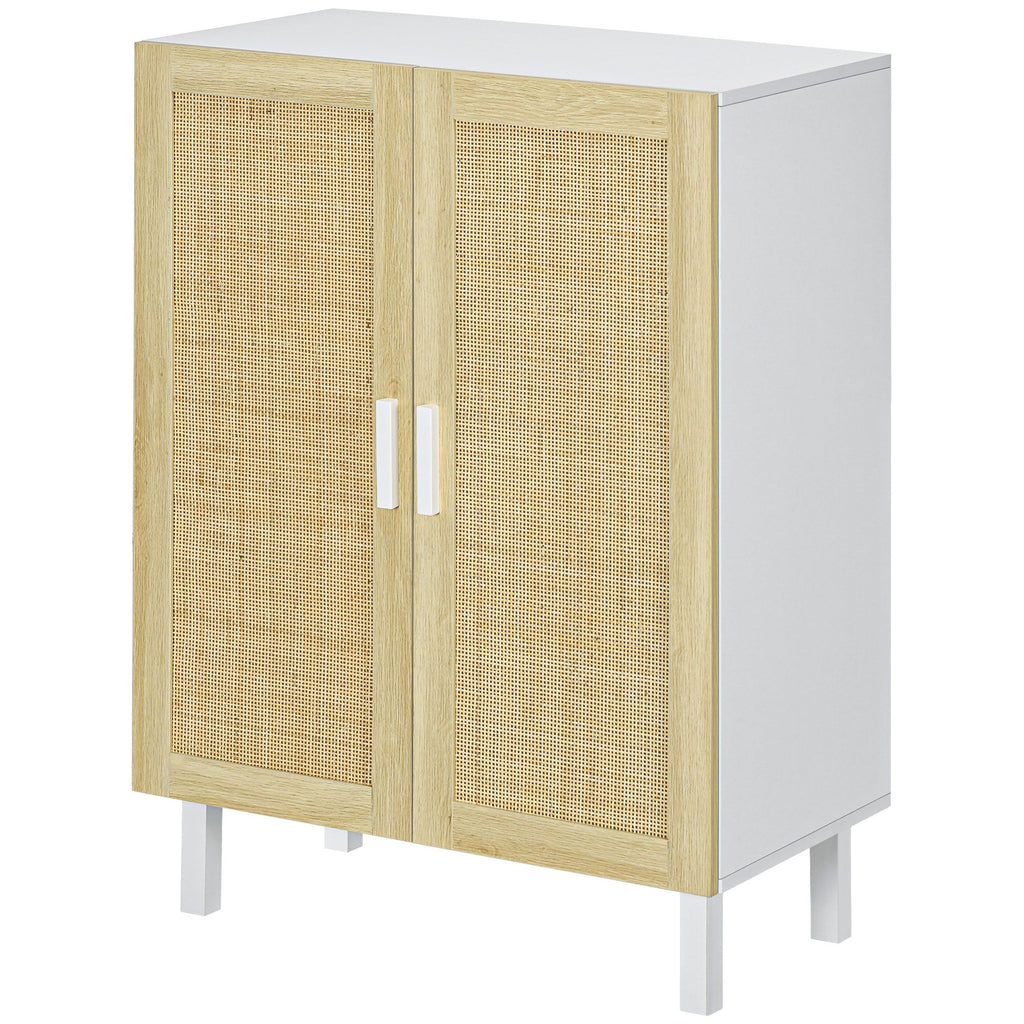 Boho Kitchen Cabinet, Buffet Cabinet with 2 Rattan Doors and Adjustable Shelves for Dining Room, White and Natural