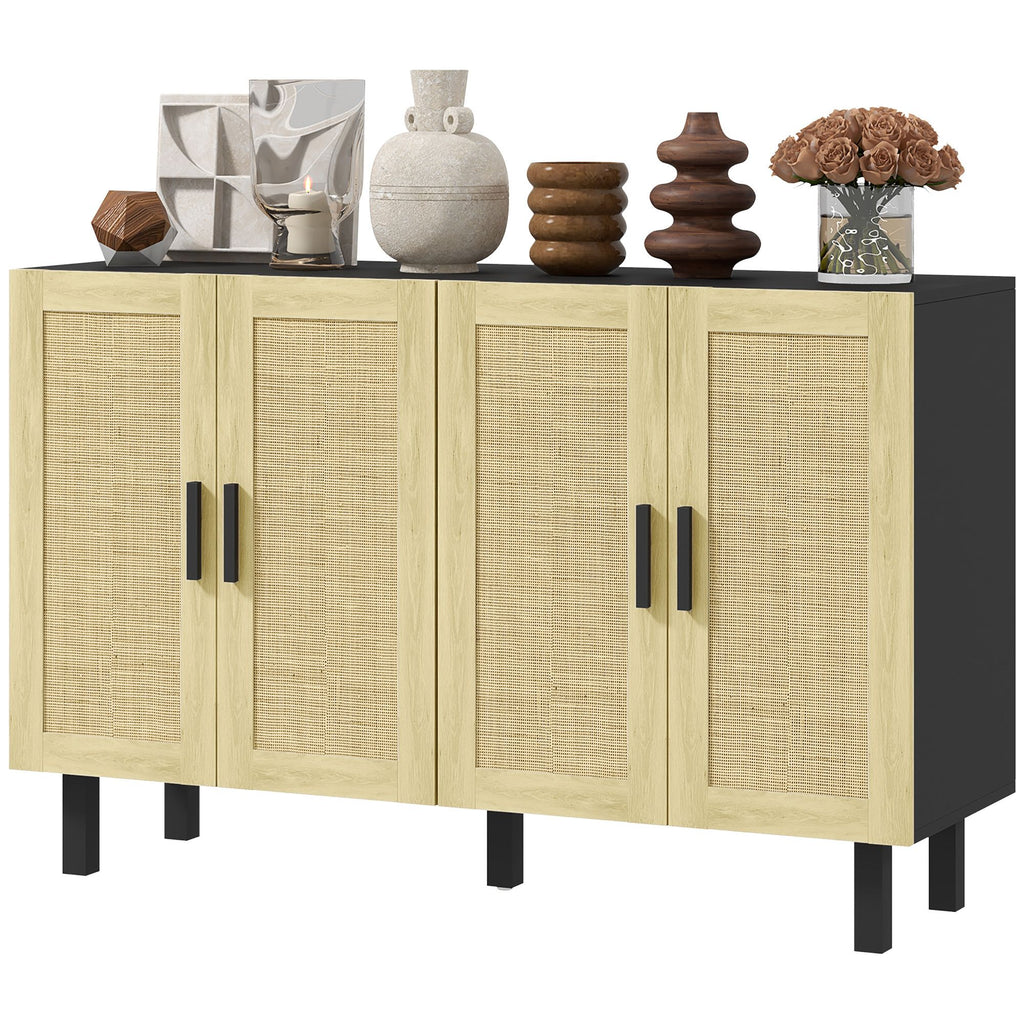 Boho Kitchen Cabinet, Buffet Cabinet with 4 Rattan Doors and Adjustable Shelves for Dining Room, Black and Natural