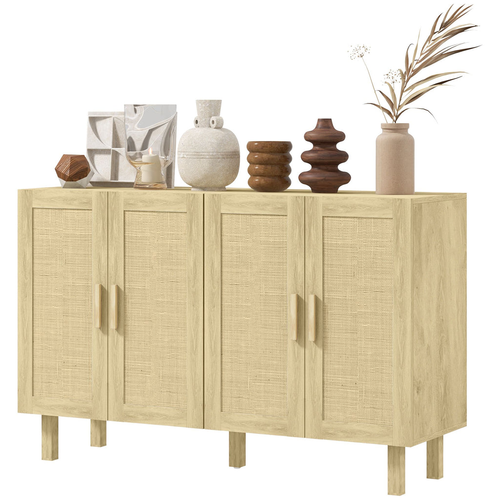 Boho Kitchen Cabinet, Buffet Cabinet with 4 Rattan Doors and Adjustable Shelves for Dining Room, Natural