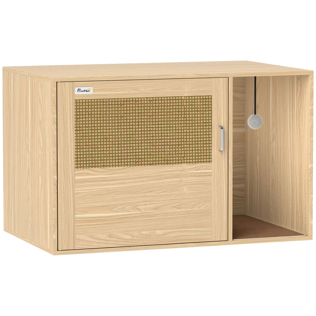 Boho Style Cat Litter Box Enclosure with Rattan Door, Scratching Mat, Non-slip Foot Pads, 31.5" x 20" x 20"