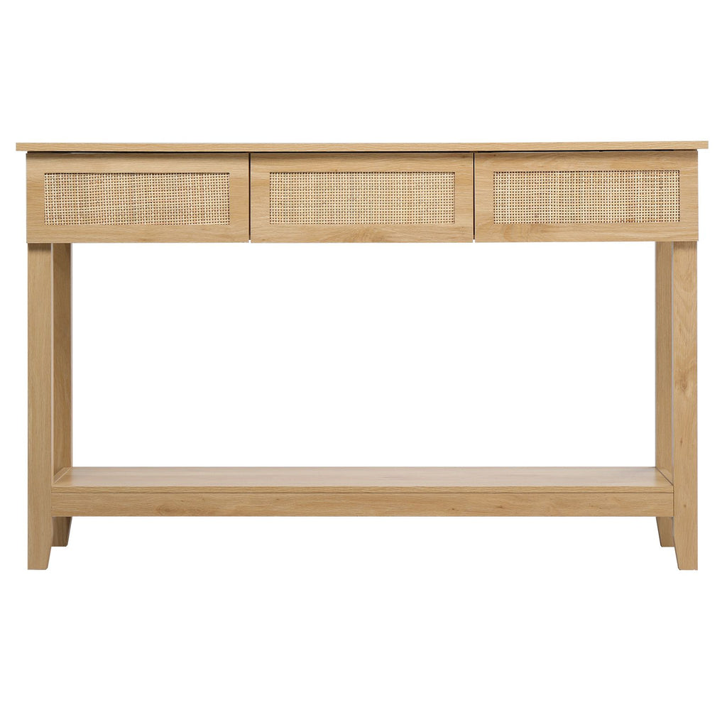 Boho Style Rattan Console Table with 3 Drawers and Open Storage Shelf, Entryway Table Narrow Long Sofa Table Hallway Foyer Table Behind Couch Table, Natural Wood