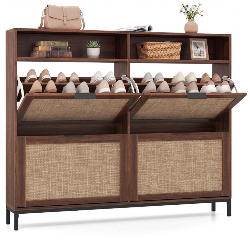 Boho Style Shoe Cabinet Cabinet with 4 Flip Drawers & Open Shelves, Freestanding Shoe Organizer for Entryway