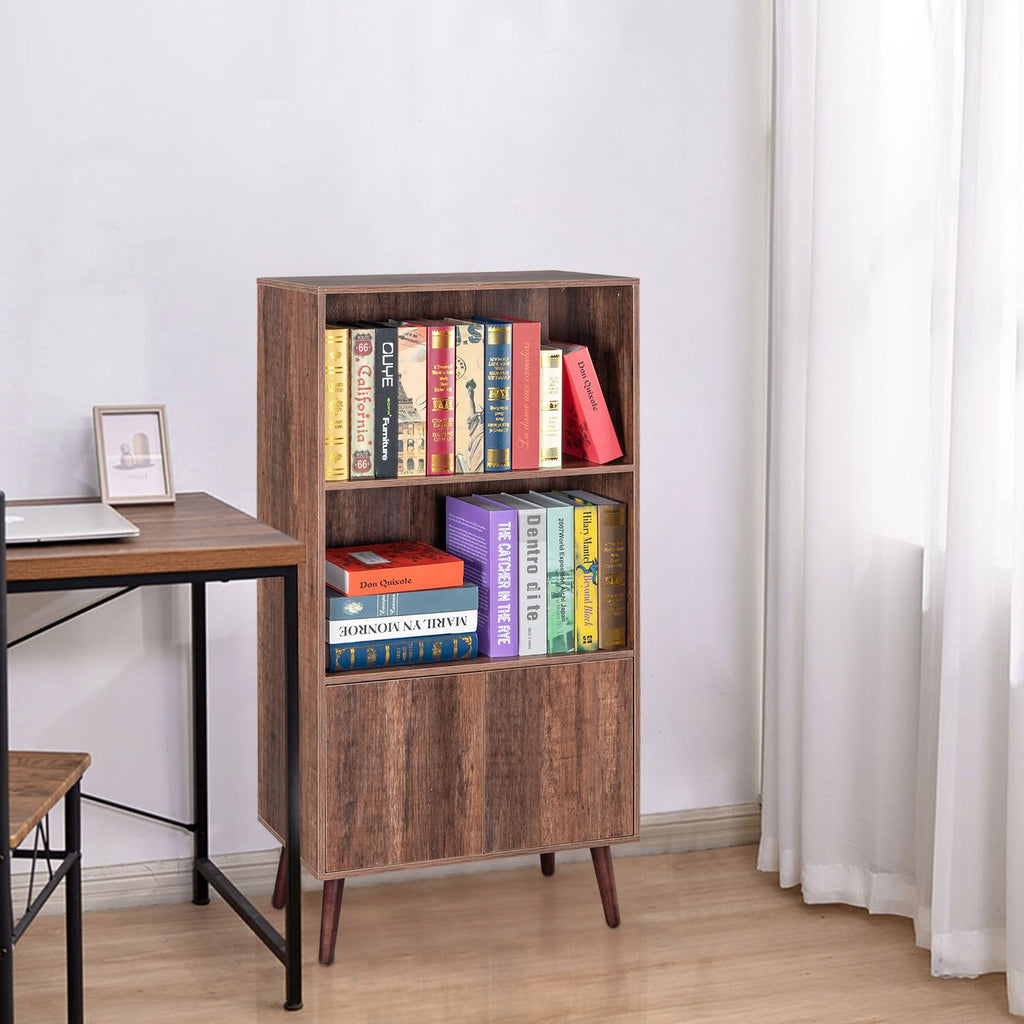 Bookcase, 2-Tier Bookshelf with Doors, Storage Cabinet for Books, Photos, Decorations, in Living Room, Office, Library(Walnut)