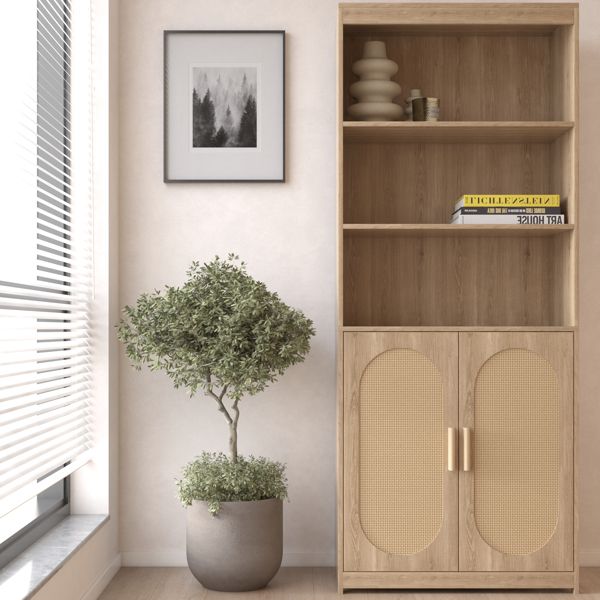 Bookshelf 5 Tier Book Shelf Rattan Tall Bookcase with Doors Storage Wood Shelves Large Bookshelves Farmhouse Bookcases Library Book Case for Living Room Bedroom Home Office Kitchen
