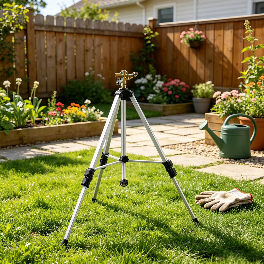 Brass Head Impact Sprinkler on Tripod Base, Heavy Duty 360 Degree Large Area Coverage, Adjustable Height Irrigation Sprinkler with 3/4" Connector for Yard, Gray