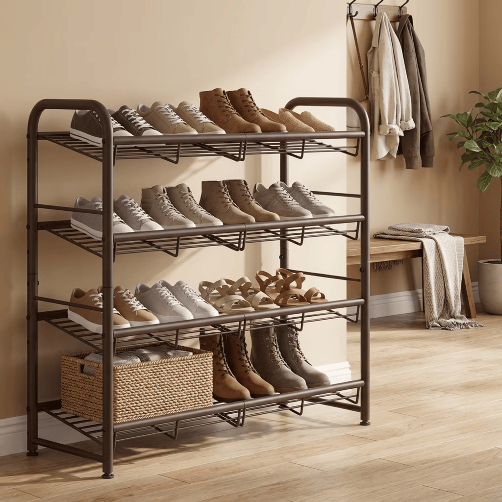 Bronze 4-Tier Shoe Shelf, Metal Shoe Rack,SpaceSaving Shoe DisplayforSneakers, SteelStorageOrganizer