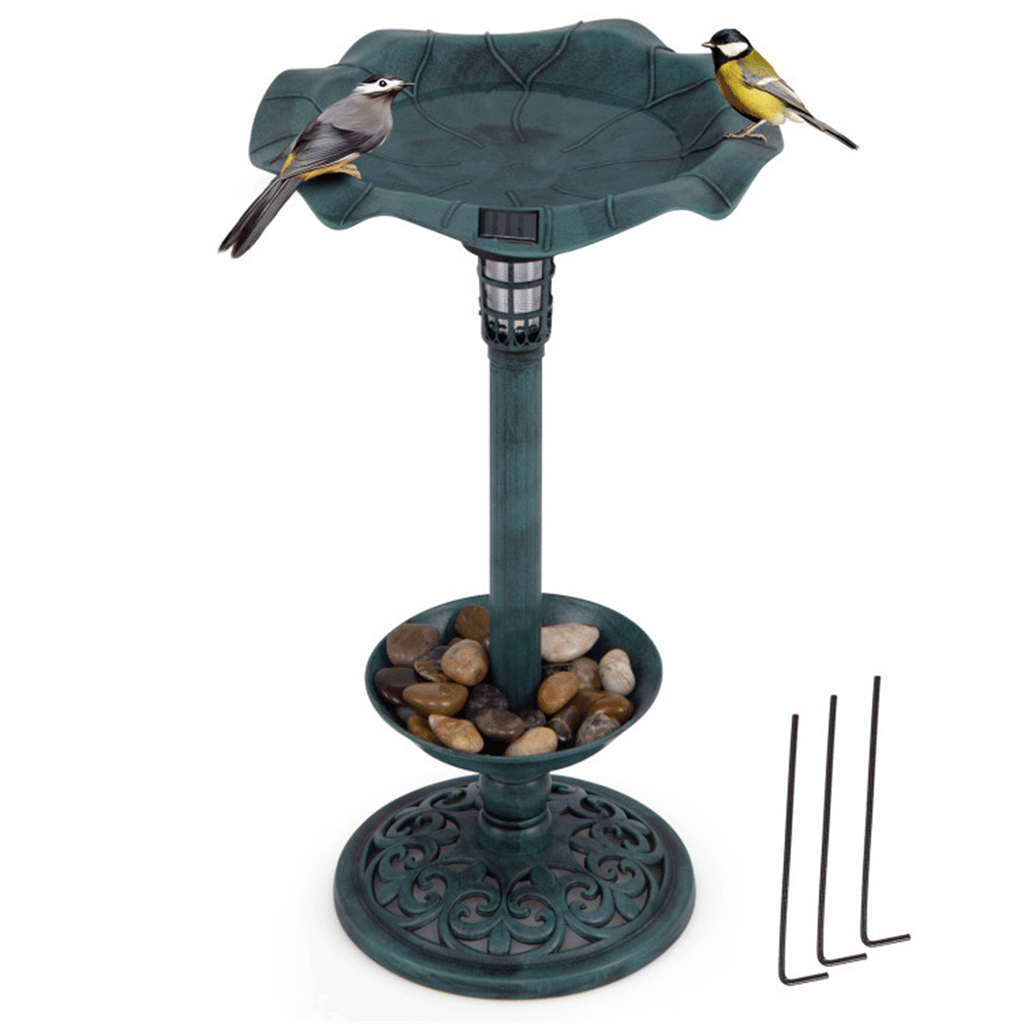 Bronze Standing Pedestal Birdbath and Feeder Combo with Solar Powered Lamp