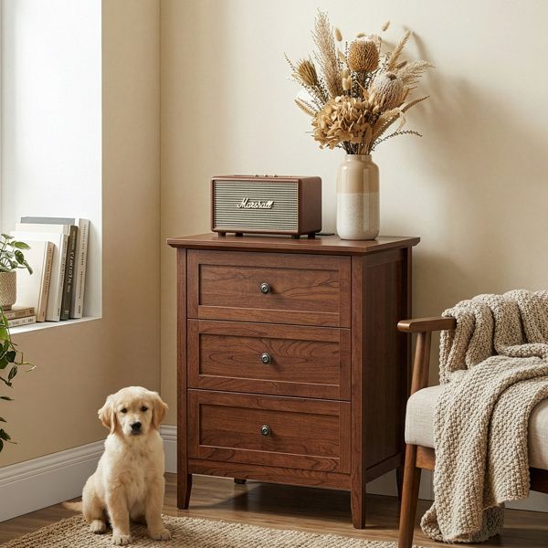 Brown (1061 solid cherry wood) P2 MDF + particleboard with melamine veneer, framed, 60*40*70cm, three-drawer bedside table, 1 USB + 1 Type-C + 2 three-prong outlets, US standard