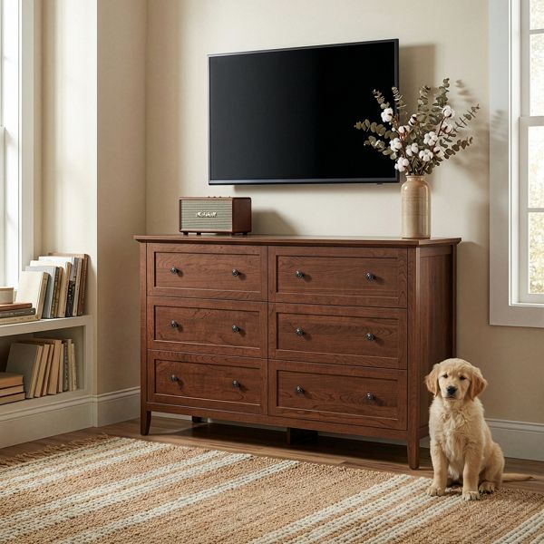 Brown (1061 Solid Cherry Wood) P2 Particleboard + MDF, Melamine finish, 120*40*80cm, Framed construction, Double row of six drawers with double handles, Drawer cabinet